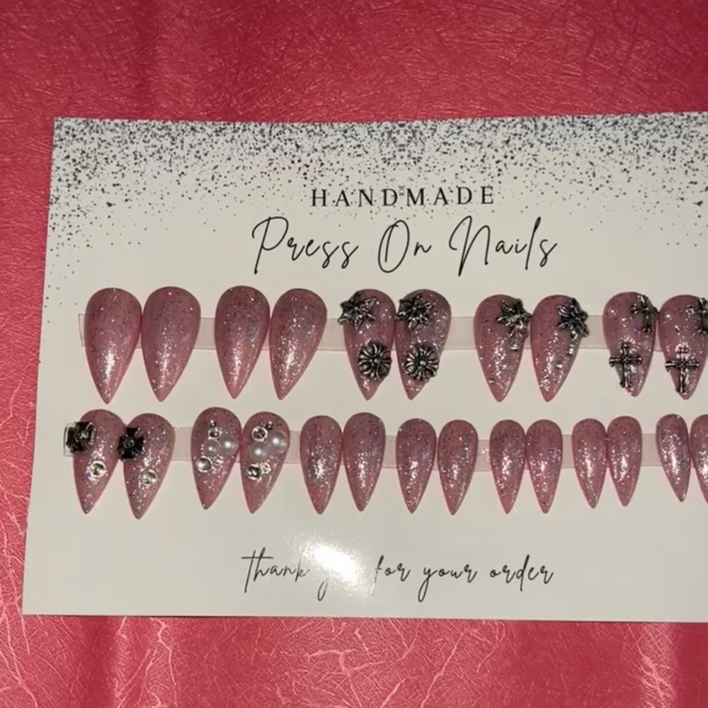 Pink Glitter Press On Nails with Black Accents